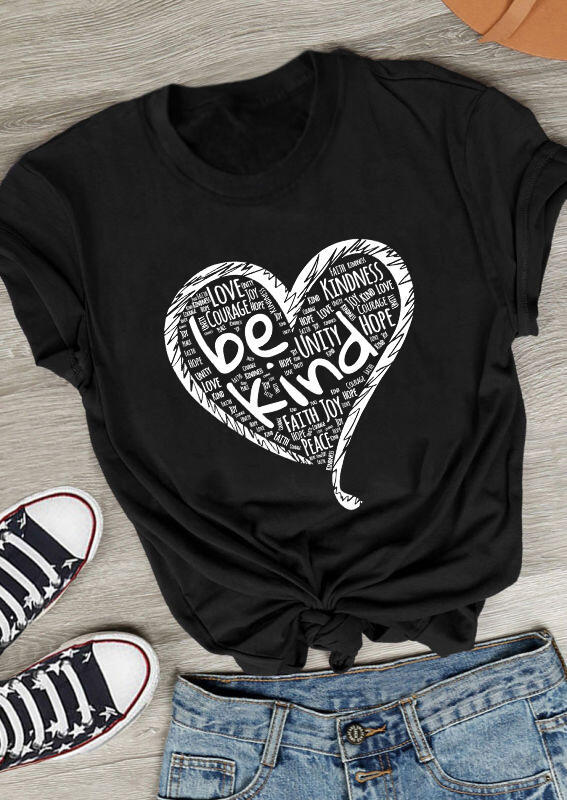 

Be Kind Love Heart O-Neck T-Shirt Tee - Black, 491165