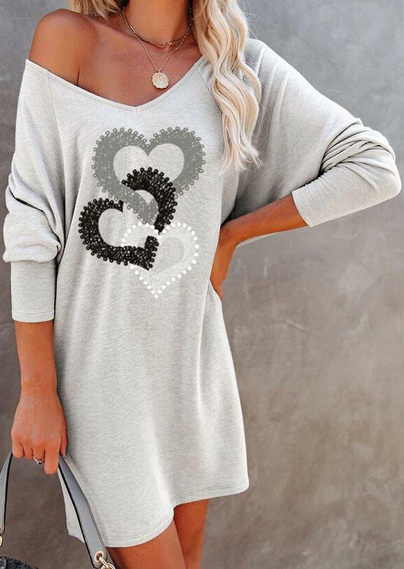 

Valentine Heart V-Neck Raglan Sleeve Mini Dress - Light Grey, 491205