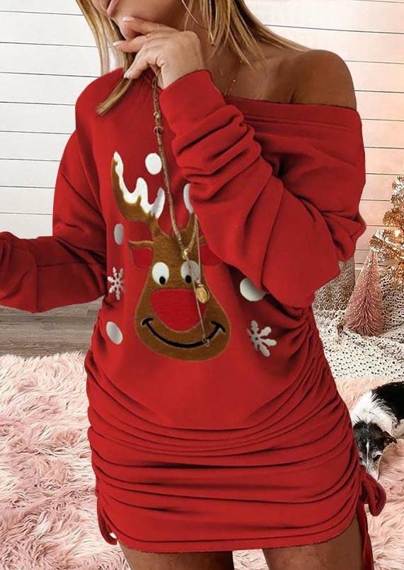 

Christmas Reindeer Ruched Tie Pullover Bodycon Dress - Red, 491208