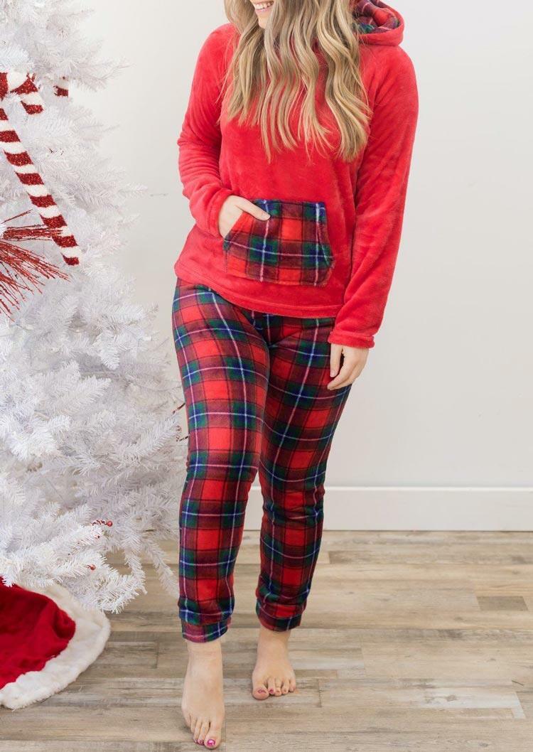 

Christmas Buffalo Plaid Pocket Hoodie And Pants Two-Piece Set, Red, 491213