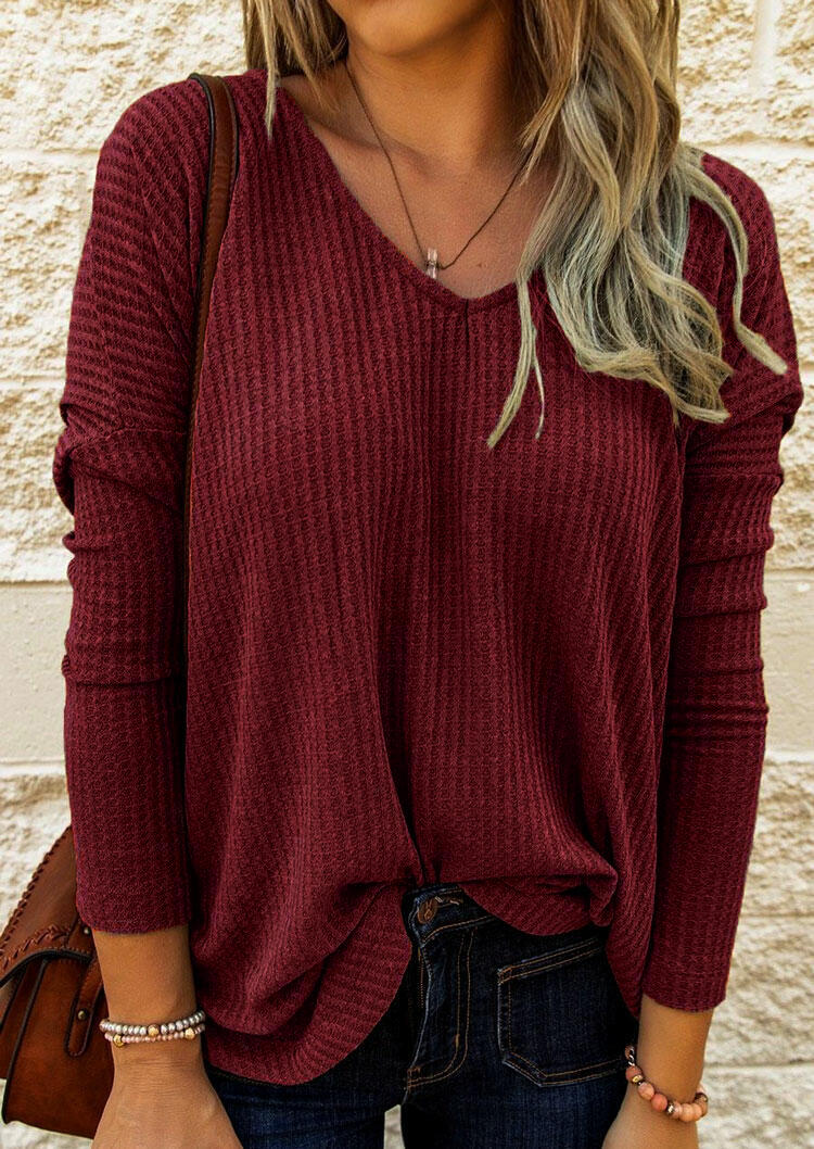 

Long Sleeve V-Neck Casual Blouse - Burgundy, 491231