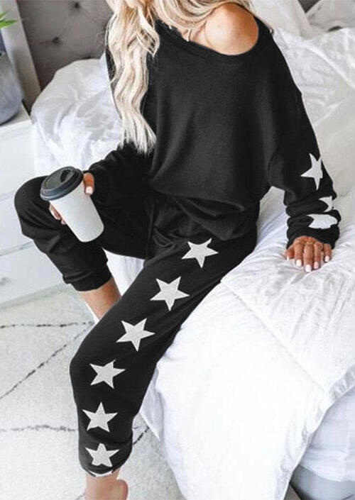 

Star Long Sleeve O-Neck Blouse And Elastic Waist Pants Set, Black, 484202