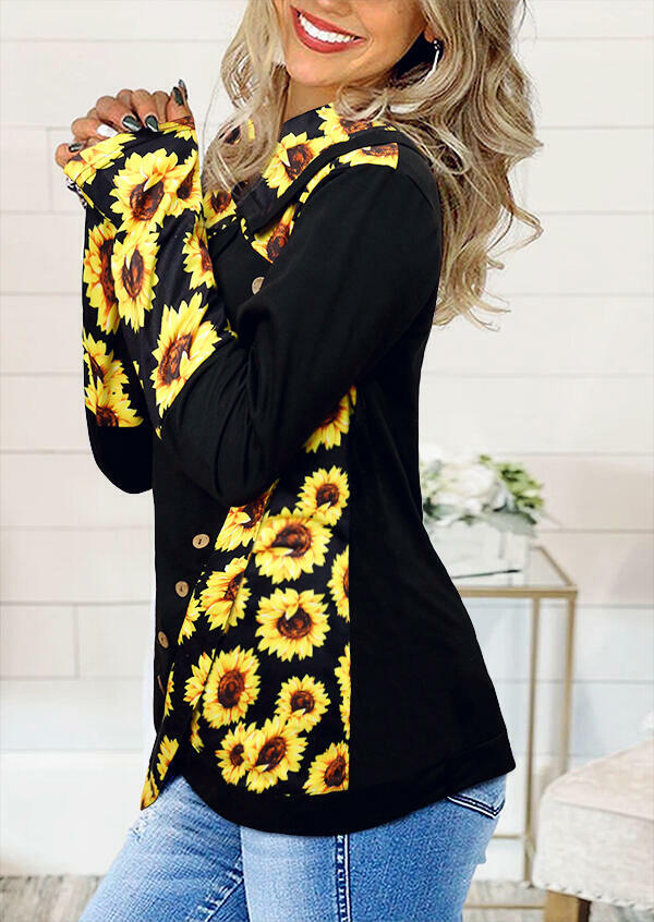 

Asymmetric Sunflower Button Splicing Long Sleeve Blouse - Black, 486624