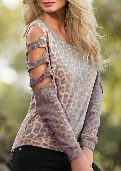 

Leopard Hollow Out Shoulder Long Sleeve Blouse, 489414