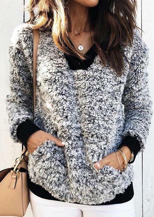 

Pocket Splicing V-Neck Pullover Plush Sweatshirt - Gray, 490227