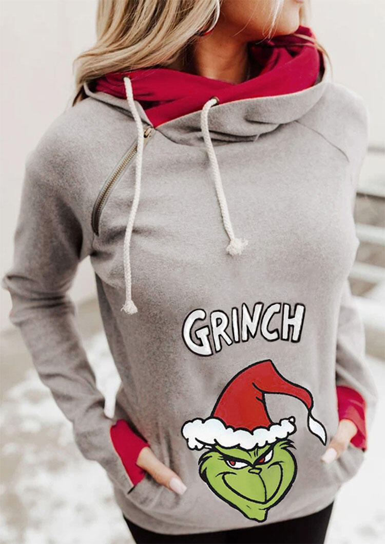 

Christmas Grinch Kangaroo Pocket Drawstring Zipper Hoodie - Gray, 490893