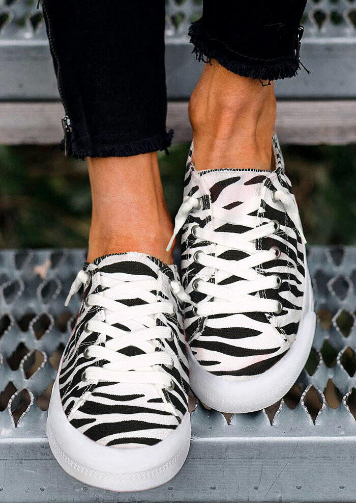 

Zebra Lace Up Flat Canvas Sneakers - White, 491172