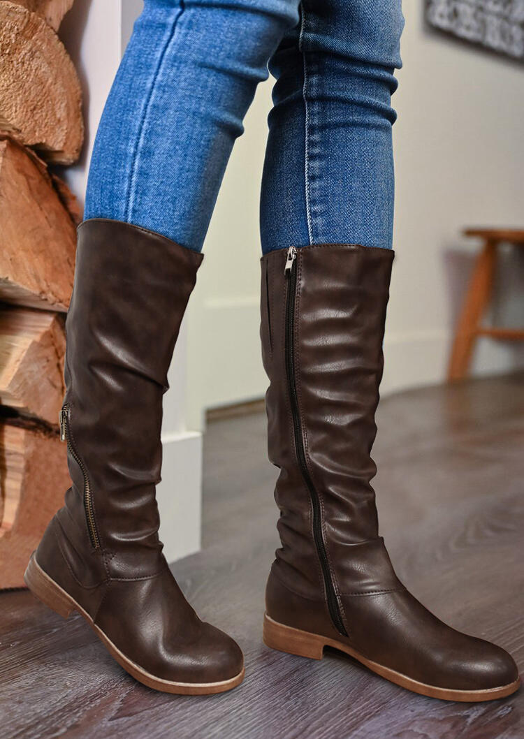 

Vintage Zipper Square Heel Mid-Calf Boots - Dark Coffee, 491251