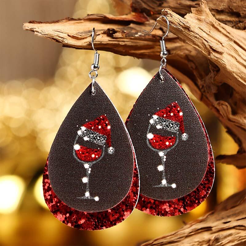 

Christmas Wine Glass Sequined Water Drop Dual-Layered Earrings, Red, 491252