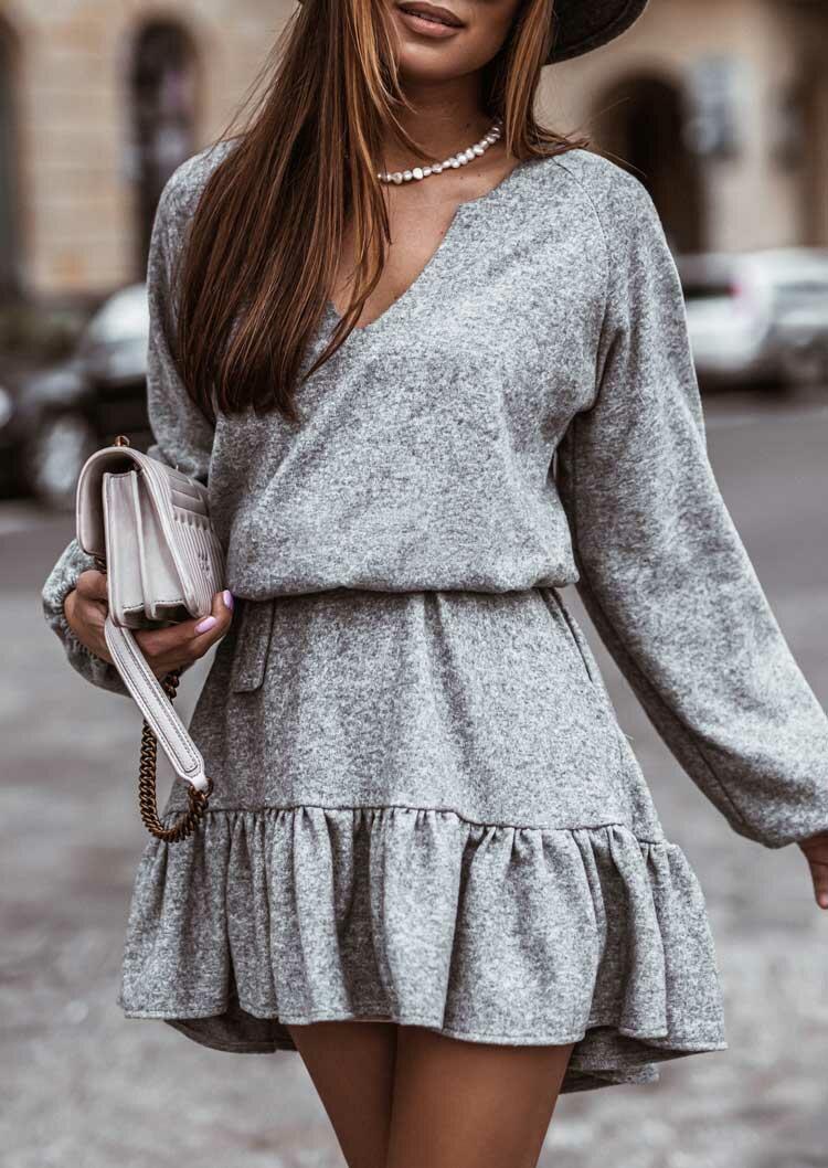 Pocket Ruffled V-Neck Raglan Sleeve Mini Dress - Gray