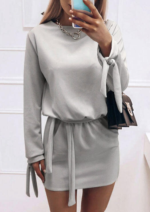 Tie Long Sleeve O-Neck Mini Dress, Light grey, 491270