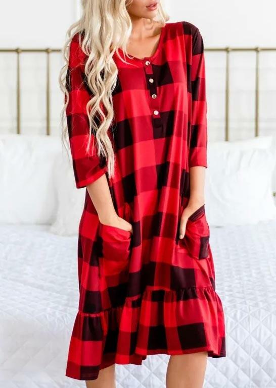 

Buffalo Plaid Ruffled Pocket Button Casual Dress - Red, 491295