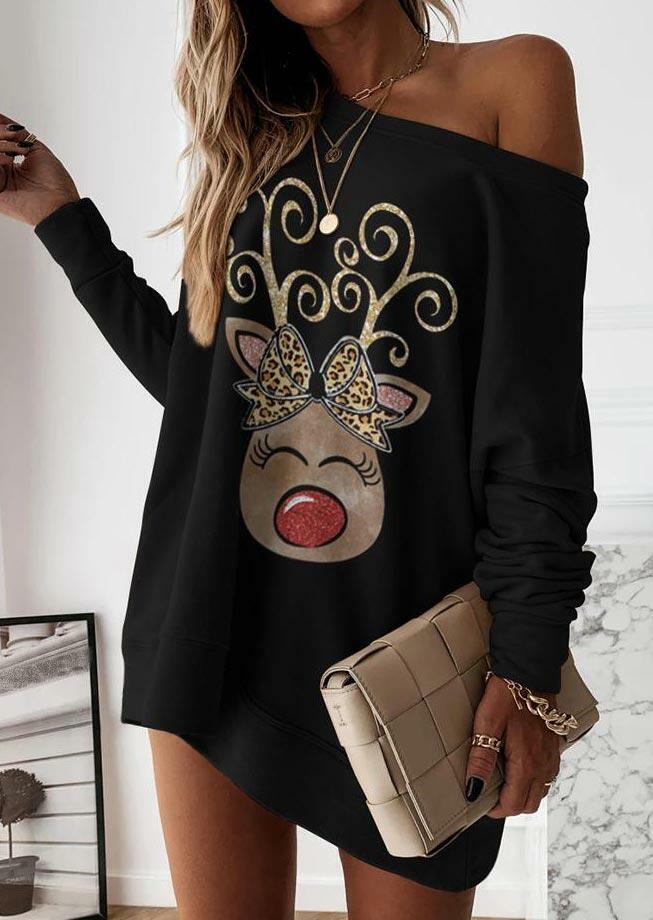 

Leopard Bowknot Reindeer Mini Sweatshirt Dress - Black, 491301