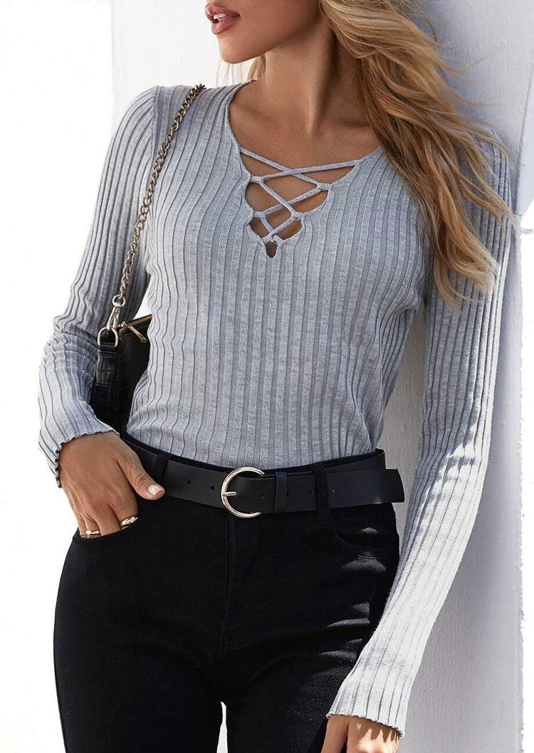 

Criss-Cross V-Neck Long Sleeve Blouse - Light Blue, 491304