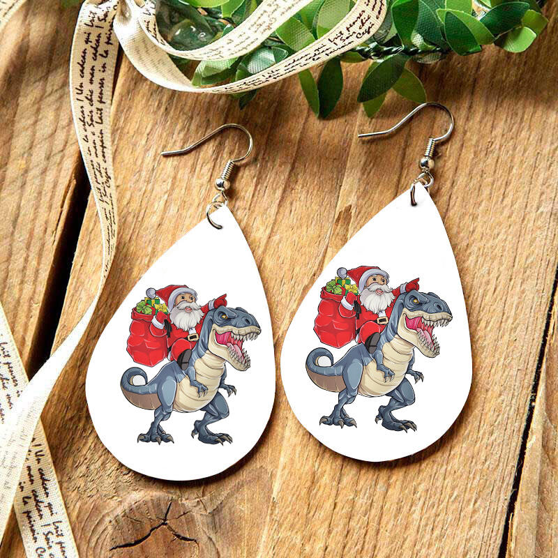 

Christmas Santa Riding Dinosaur Double-Sided Water Drop Earrings, White, 491322