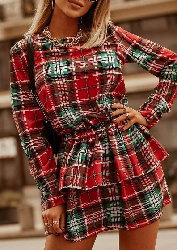 Plaid Ruffled Layered Long Sleeve Mini Dress