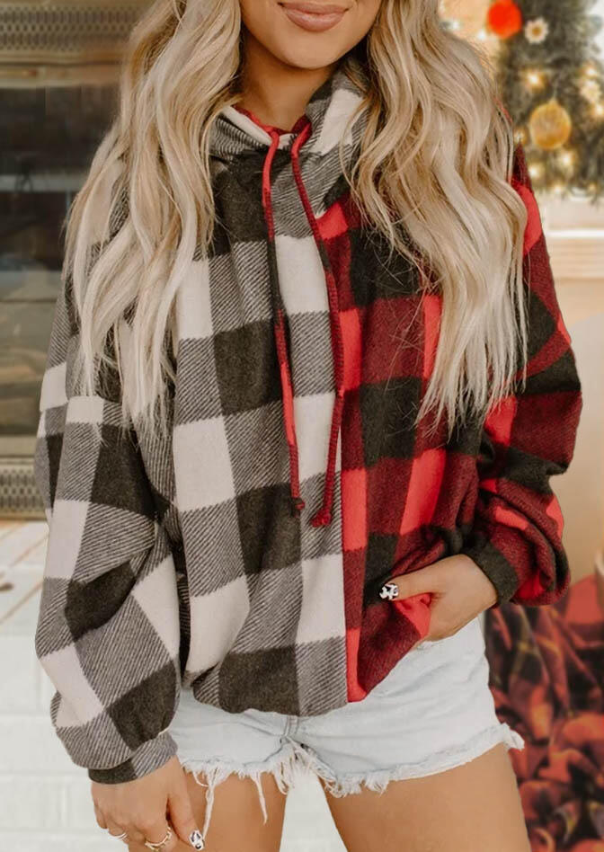 

Buffalo Plaid Drawstring Long Sleeve Pullover Hoodie, 491368