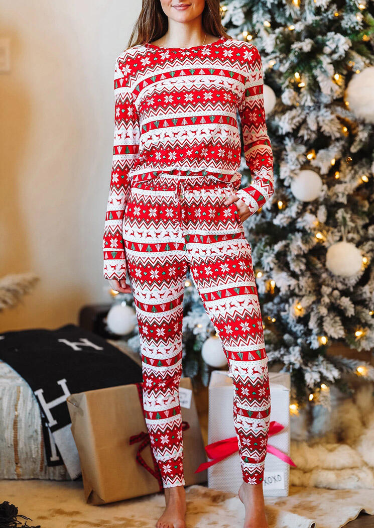 

Christmas Reindeer Snowflake Blouse And Pocket Pants Two-Piece Set, Red, 491381