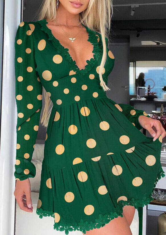 

Polka Dot Flower Ruffled V-Neck Mini Dress - Green, 490279