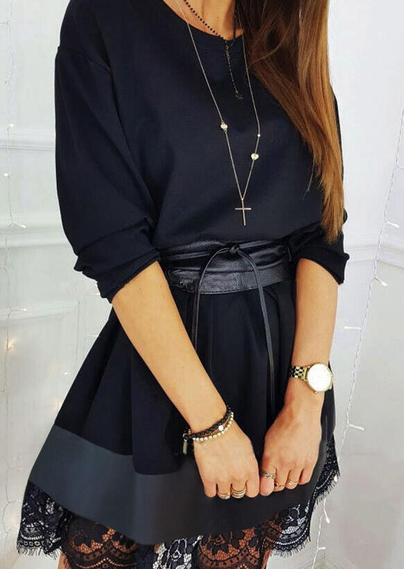 Lace Splicing Long Sleeve Mini Dress - Black