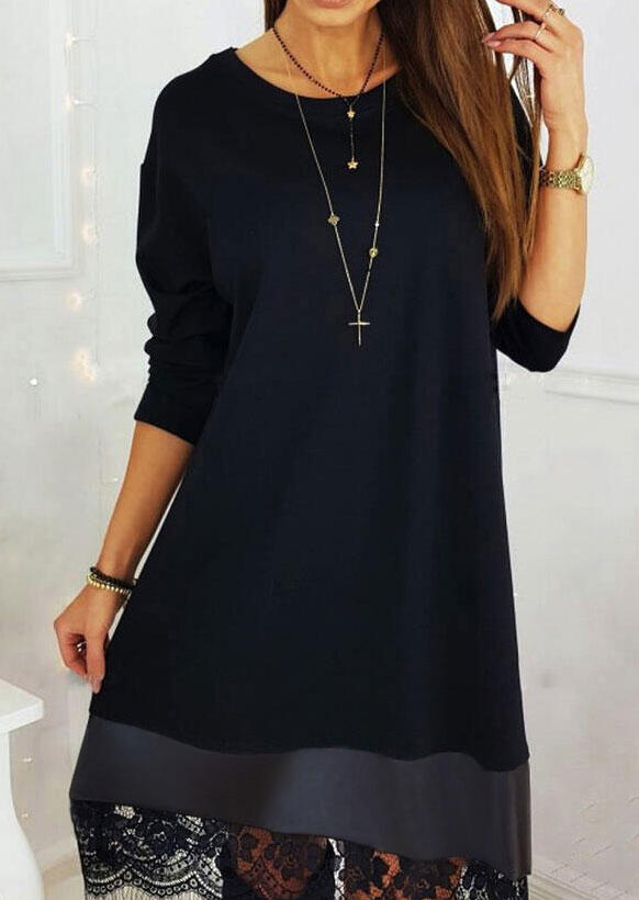 Lace Splicing Long Sleeve Mini Dress - Black