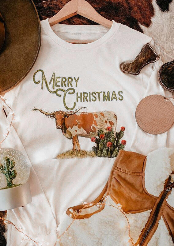 

Merry Christmas Longhorn Western Cactus Pullover Sweatshirt - White, 491345