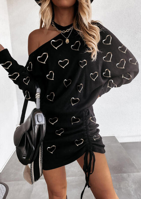 

Heart One Sided Cold Shoulder Drawstring Mini Dress - Black, 491354
