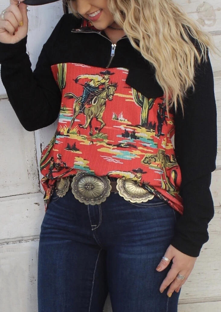 

Cowboy Western Zipper Collar Pullover Sweatshirt - Red, 491375