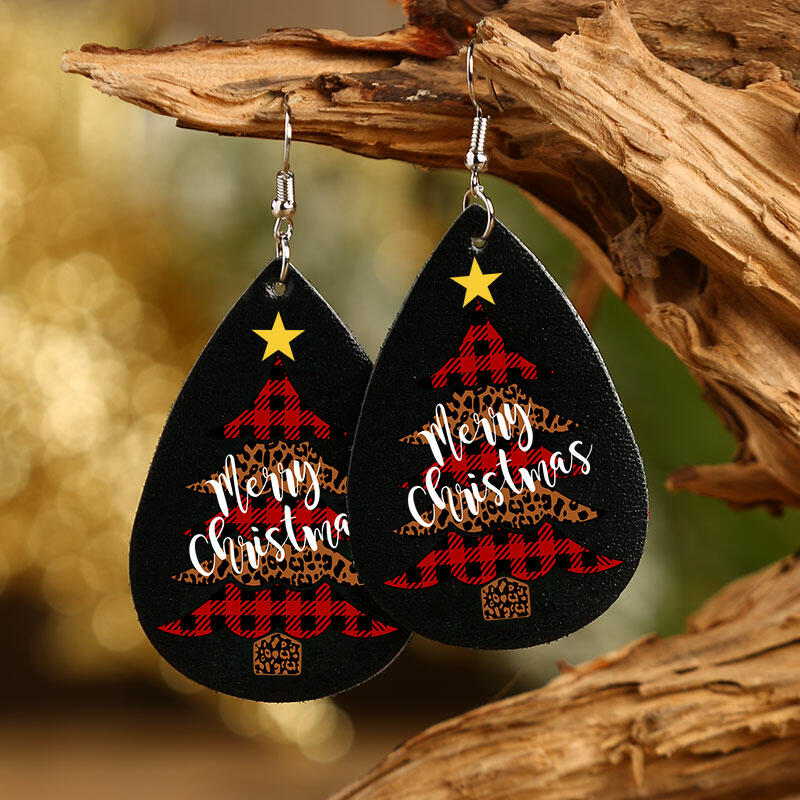 

Merry Christmas Leopard Plaid Tree Water Drop Earrings - Black, 491382