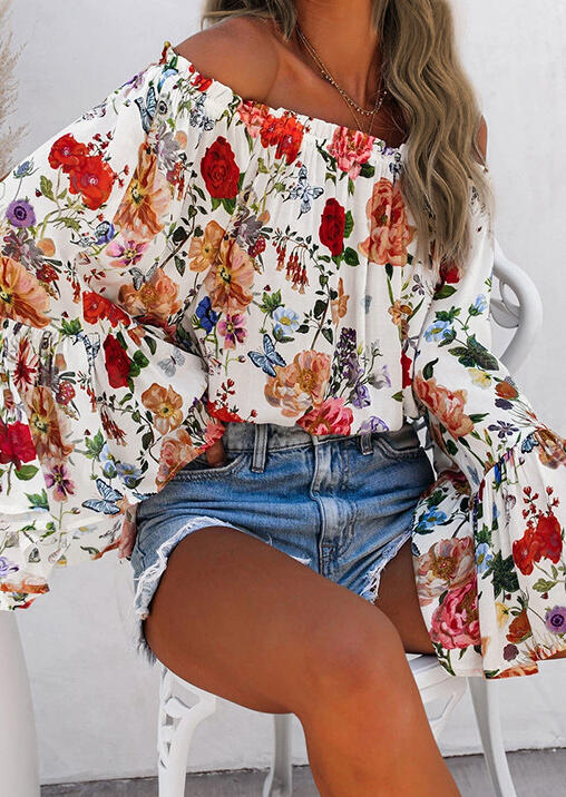 

Floral Elastic Off Shoulder Flare Sleeve Blouse, Multicolor, 491385