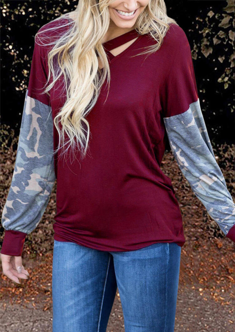 

Camouflage Splicing Criss-Cross Casual Blouse - Burgundy, 491387