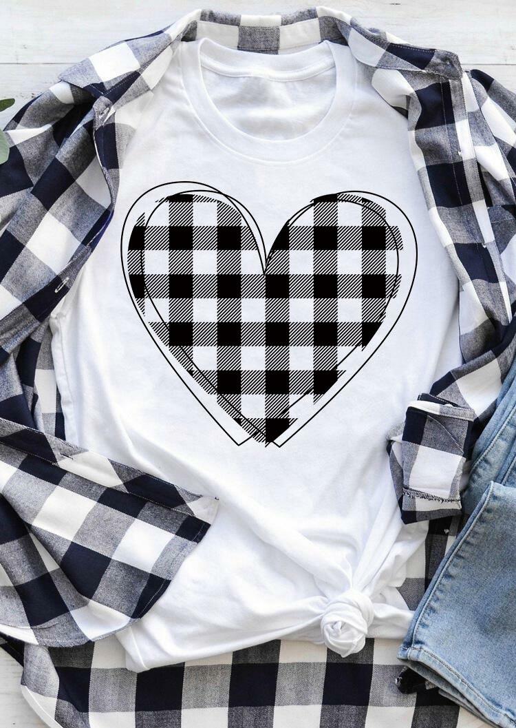 

Plaid Love Heart O-Neck T-Shirt Tee - White, 491416
