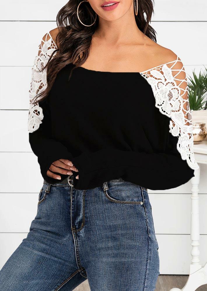 

Lace Splicing Criss-Cross Long Sleeve Blouse - Black, 491430