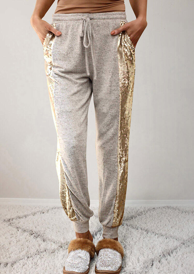 

Sequined Splicing Drawstring Elastic Waist Pants - Light Grey, 491450