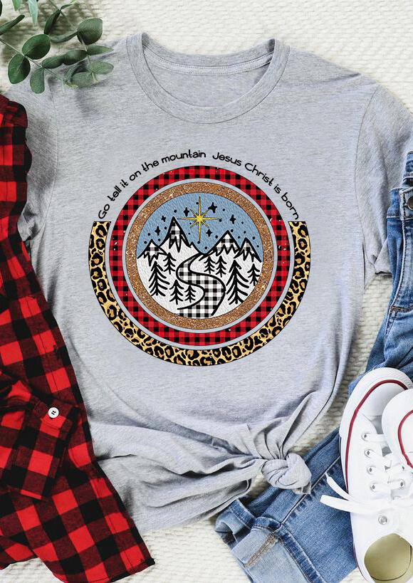 

Jesus Christ Is Born Leopard Plaid Sequined T-Shirt Tee - Gray, 491461