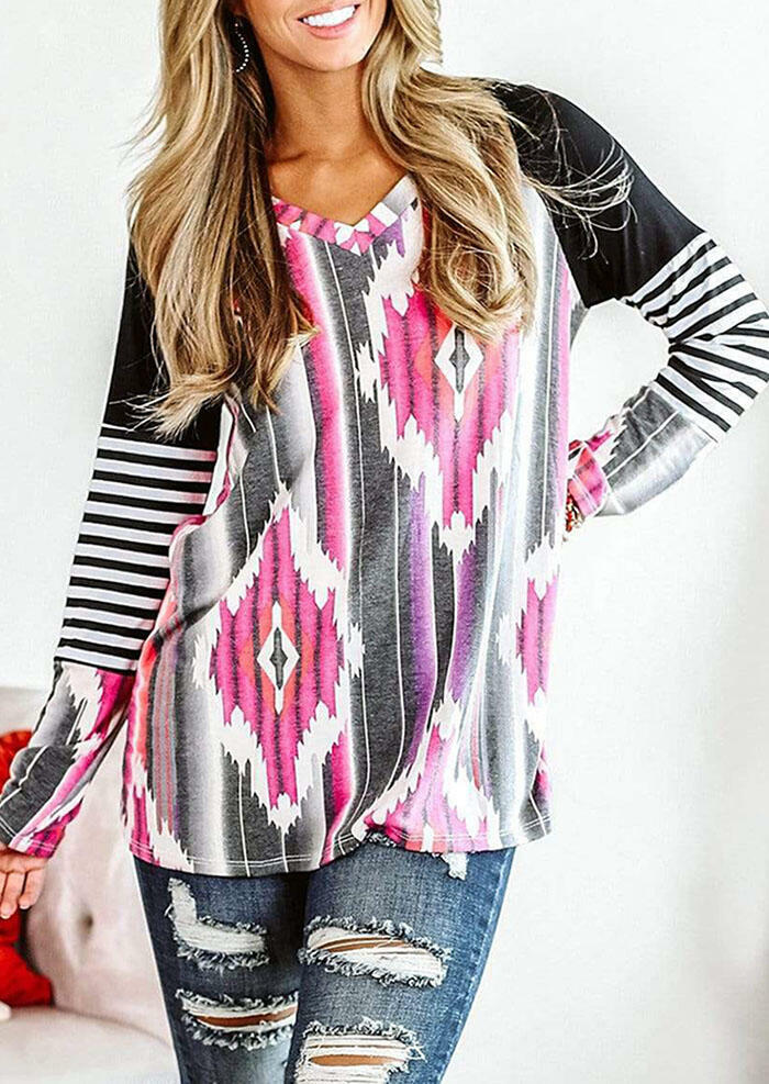 

Aztec Geometric Striped Long Sleeve V-Neck Blouse, Multicolor, 487723