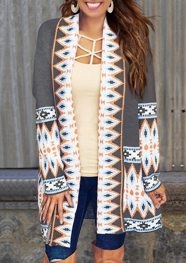 

Aztec Geometric Open Front Cardigan - Gray, 487969