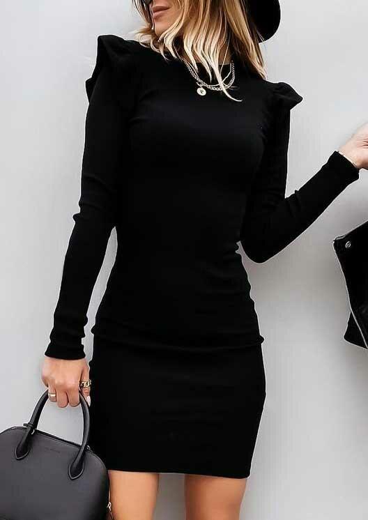 

Ruffled O-Neck Puff Sleeve Bodycon Dress - Black, 489041