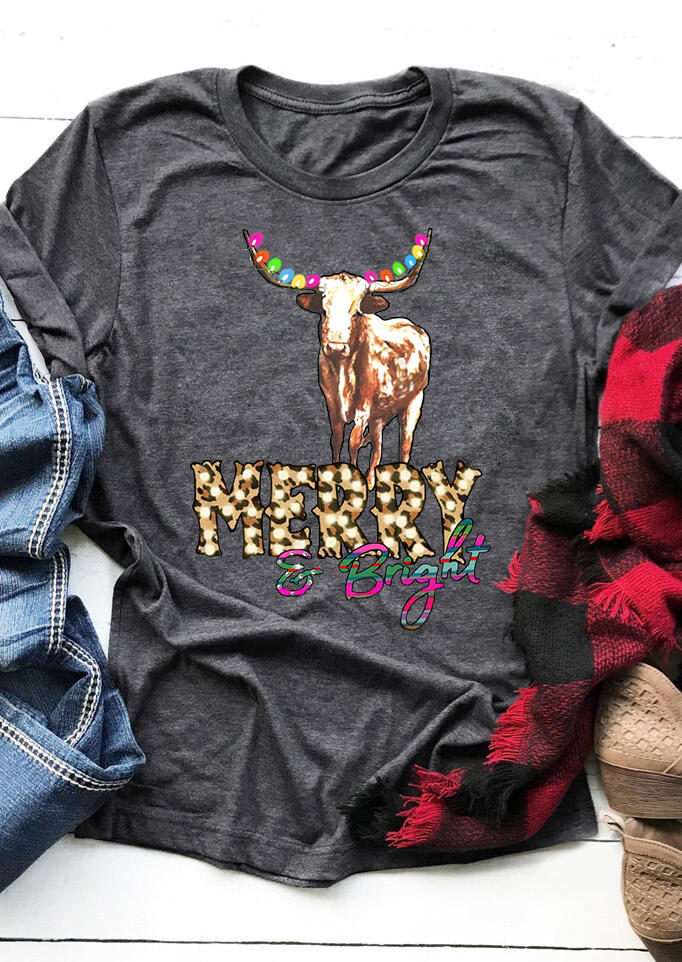 

Merry & Bright Longhorn Leopard T-Shirt Tee - Dark Grey, 490736