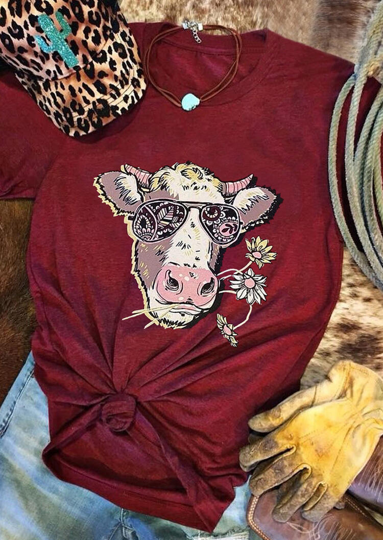 

Cattle Floral O-Neck T-Shirt Tee - Burgundy, 491237