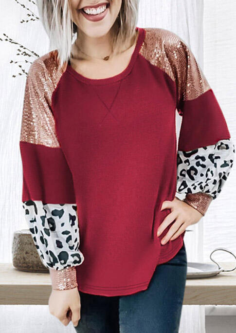 

Leopard Sequined Splicing Raglan Long Sleeve Blouse - Burgundy, 491305