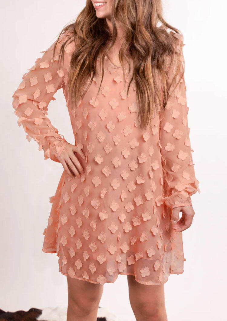 Petal Splicing Long Sleeve O-Neck Mini Dress - Pink