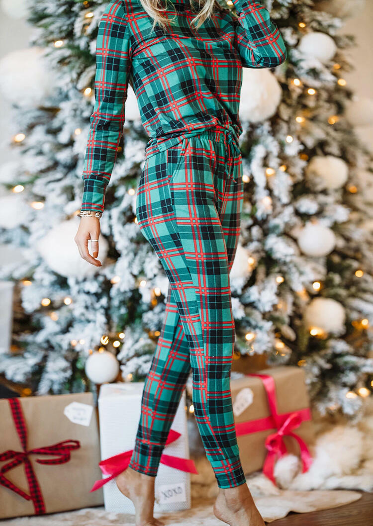 

Plaid Blouse And Pocket Drawstring Pants Pajamas Set, 491374