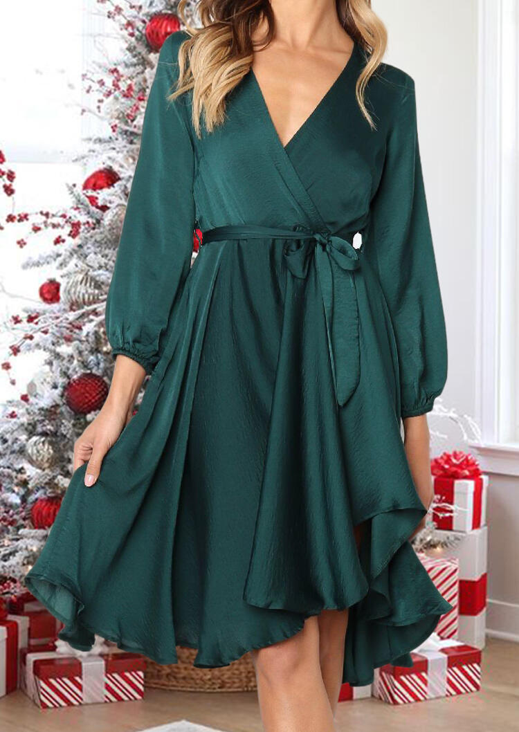 

Wrap Zipper Long Sleeve V-Neck Casual Dress - Green, 491449