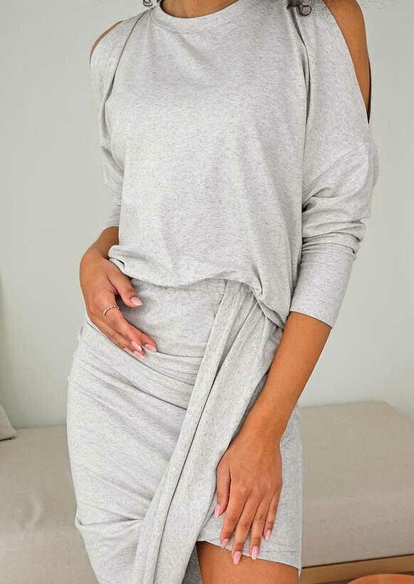 

Cold Shoulder Blouse And Asymmetric Ruffled Skirt Set - Gray, 491467