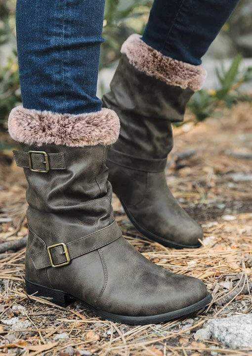

Buckle Strap Round Toe Plush Warm Boots, Coffee, 491472