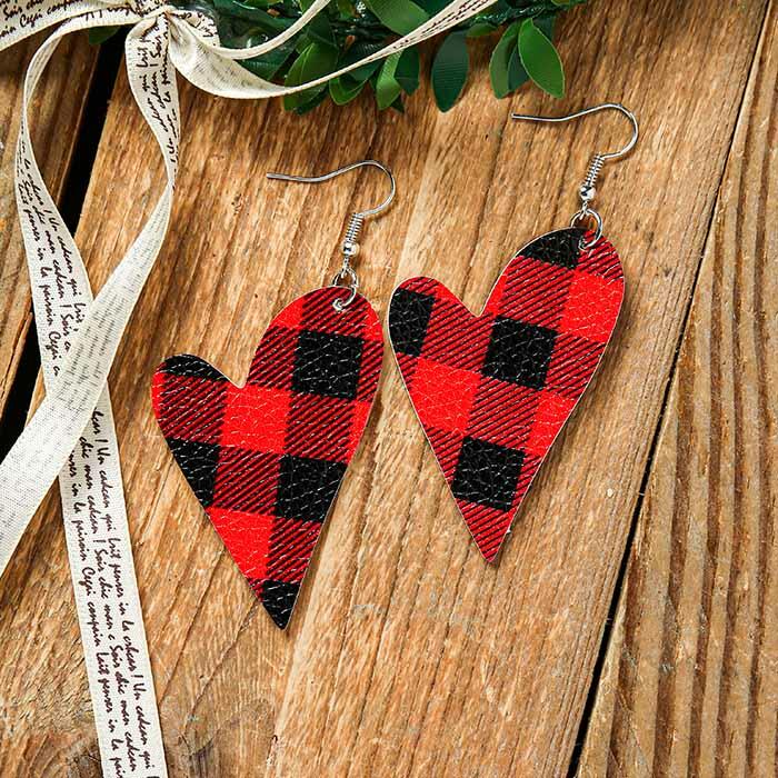 Buffalo Plaid Heart Leather Earrings - Red
