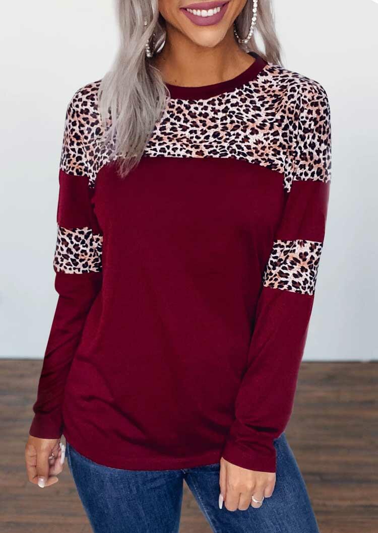 

Leopard Splicing Long Sleeve Blouse - Burgundy, 491546