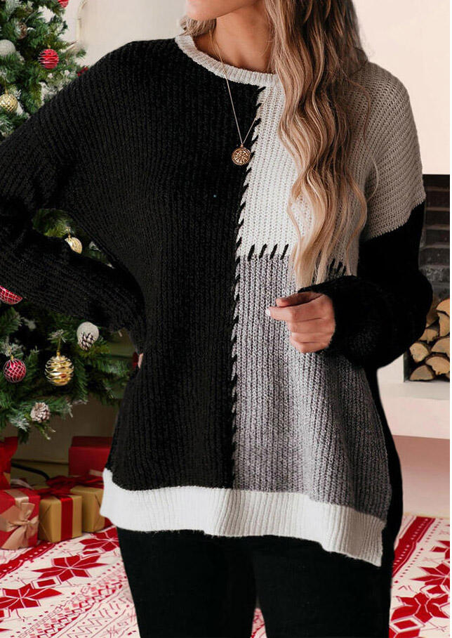 

Asymmetric Color Block Slit Long Sleeve Sweater - Black, 488900