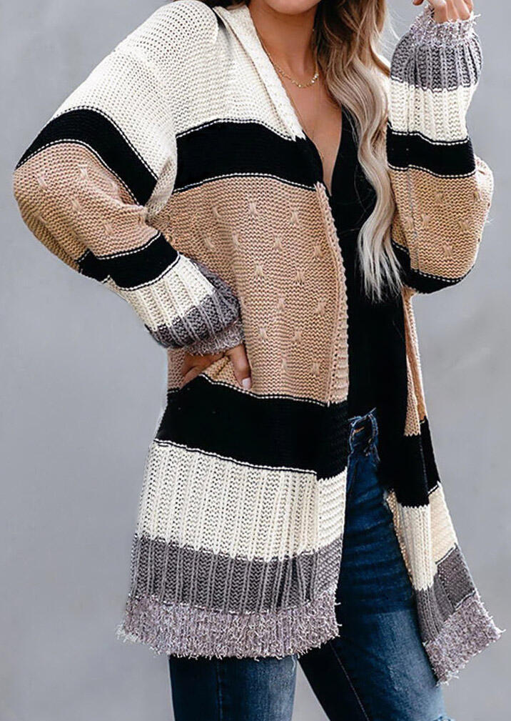 

Color Block Long Sleeve Knitted Cardigan - Khaki, 491096